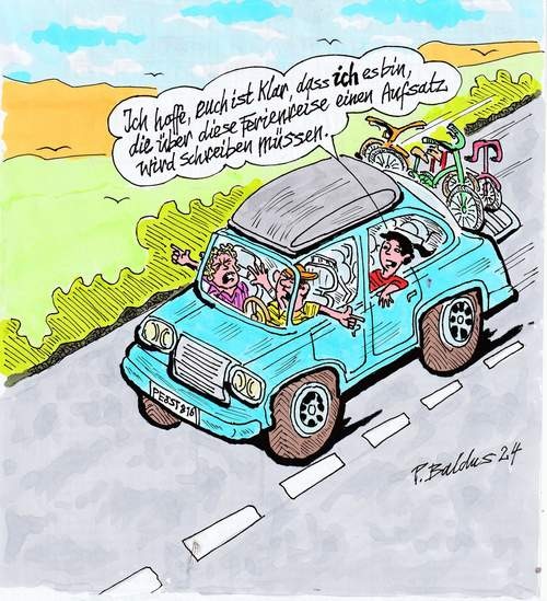 Familie im Auto auf dem Weg in den Urlaub