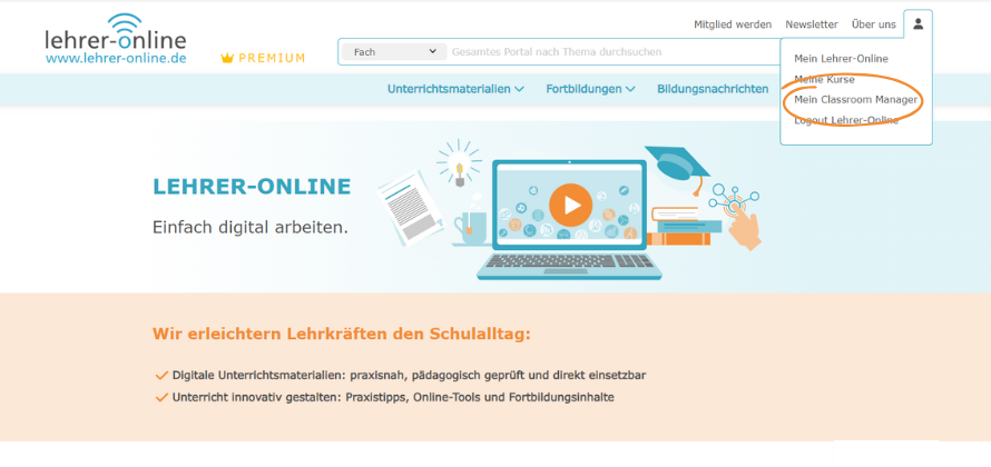 Startseite Lehrer-Online. Das Login-Menü ist aufgeklappt und der Classroom-Manager markiert