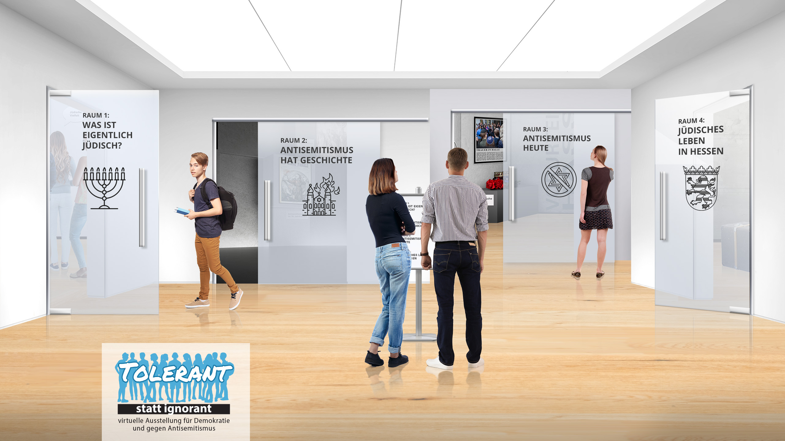 Tolerant statt ignorant - Eingangsbereich - Screen mit vier Türen zu den unterschiedlichen Themenschwerpunkten der Ausstellung